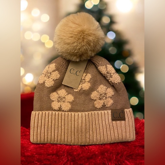 #211. Daisy Patterned Faux Fur Beanie - Picture 2 of 5